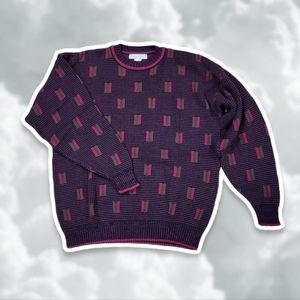 Izod Club Men's Large Vintage Black Red Green Pattern Pullover Crewneck Sweater